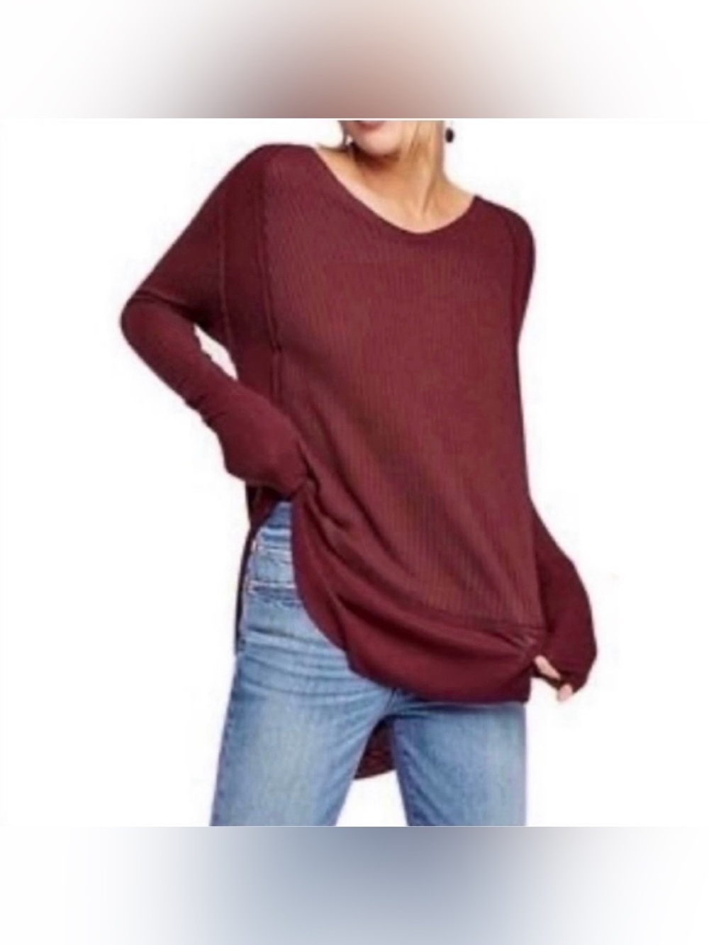 Free people waffle knit maroon long sleeve high low blouse in a size small